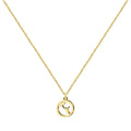 Collar dorado con colgante de Celedón y su paraguas, tarjeta con frase filosófica vasca "Ikusiz ikasi" sobre el aprendizaje y el crecimiento