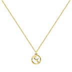 Collar dorado con colgante de Celedón y su paraguas, tarjeta con frase filosófica vasca "Ikusiz ikasi" sobre el aprendizaje y el crecimiento