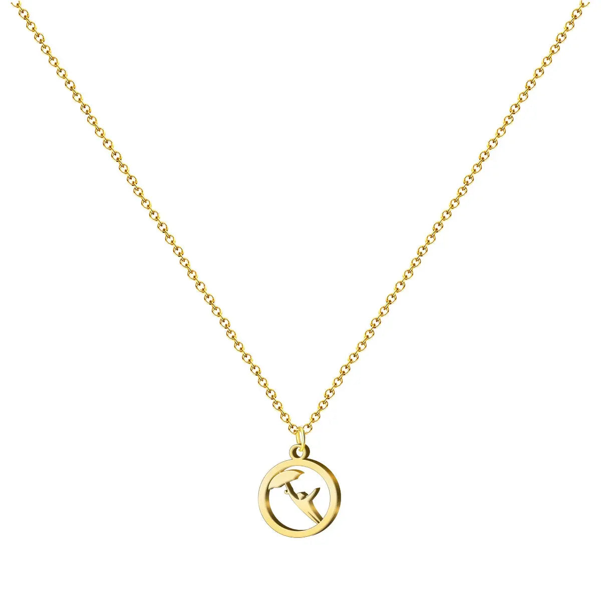 Collar dorado con colgante de Celedón y su paraguas, tarjeta con frase filosófica vasca "Ikusiz ikasi" sobre el aprendizaje y el crecimiento