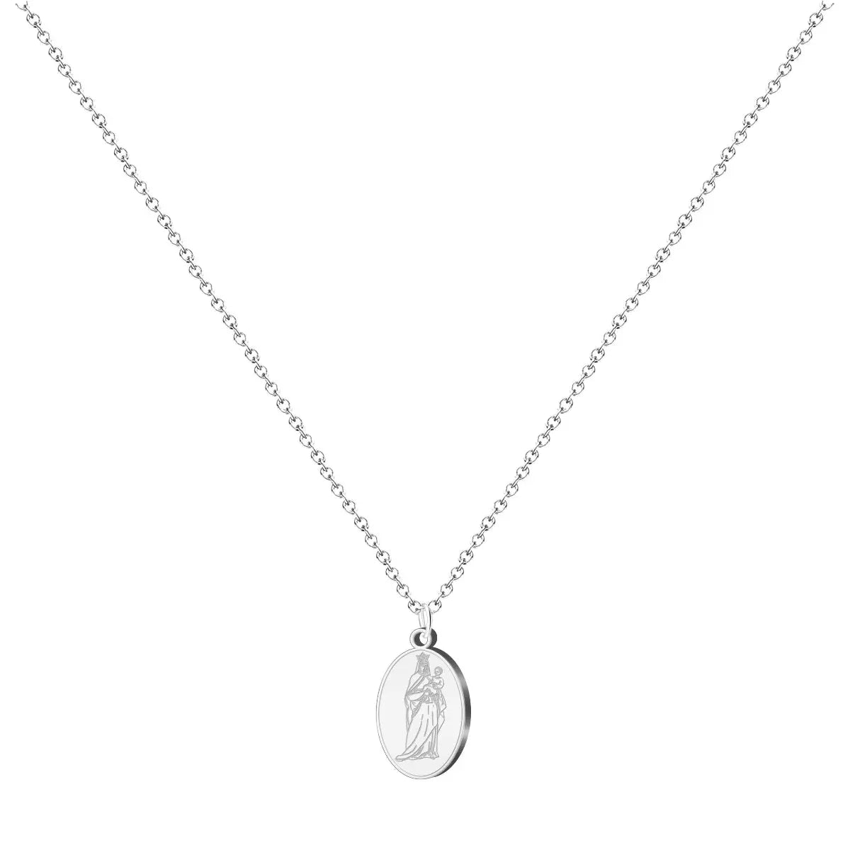 Collar con medalla de la Virgen Blanca (Birjina Zuria) en acero plateado, tarjeta con mensaje sobre sonreír ante la adversidad y la amistad