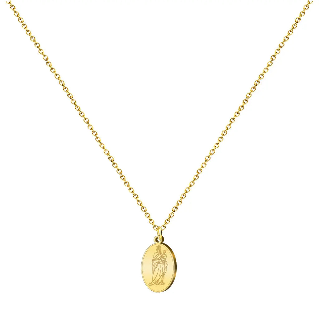 Collar dorado con medalla de la Virgen Blanca (Birjina Zuria), tarjeta con frase romántica en euskera sobre cumplir sueños desde el amor