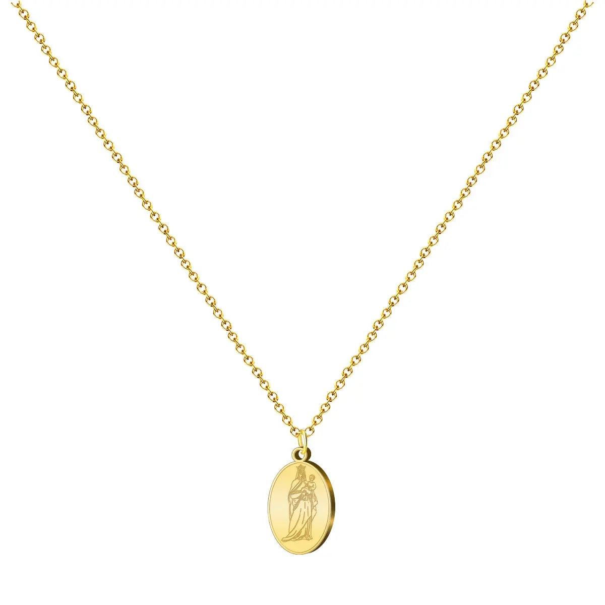 Collar dorado con medalla de la Virgen Blanca (Birjina Zuria), tarjeta con frase romántica en euskera sobre cumplir sueños desde el amor