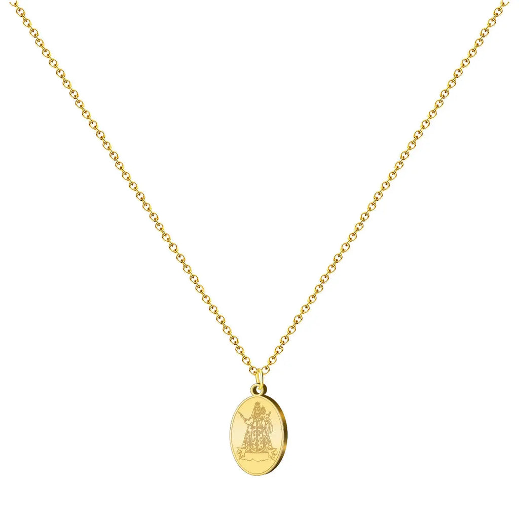 Collar con medalla ovalada de la Virgen de Begoña (Amatxu) en acero dorado, tarjeta con frase inspiradora sobre la fortaleza y superación