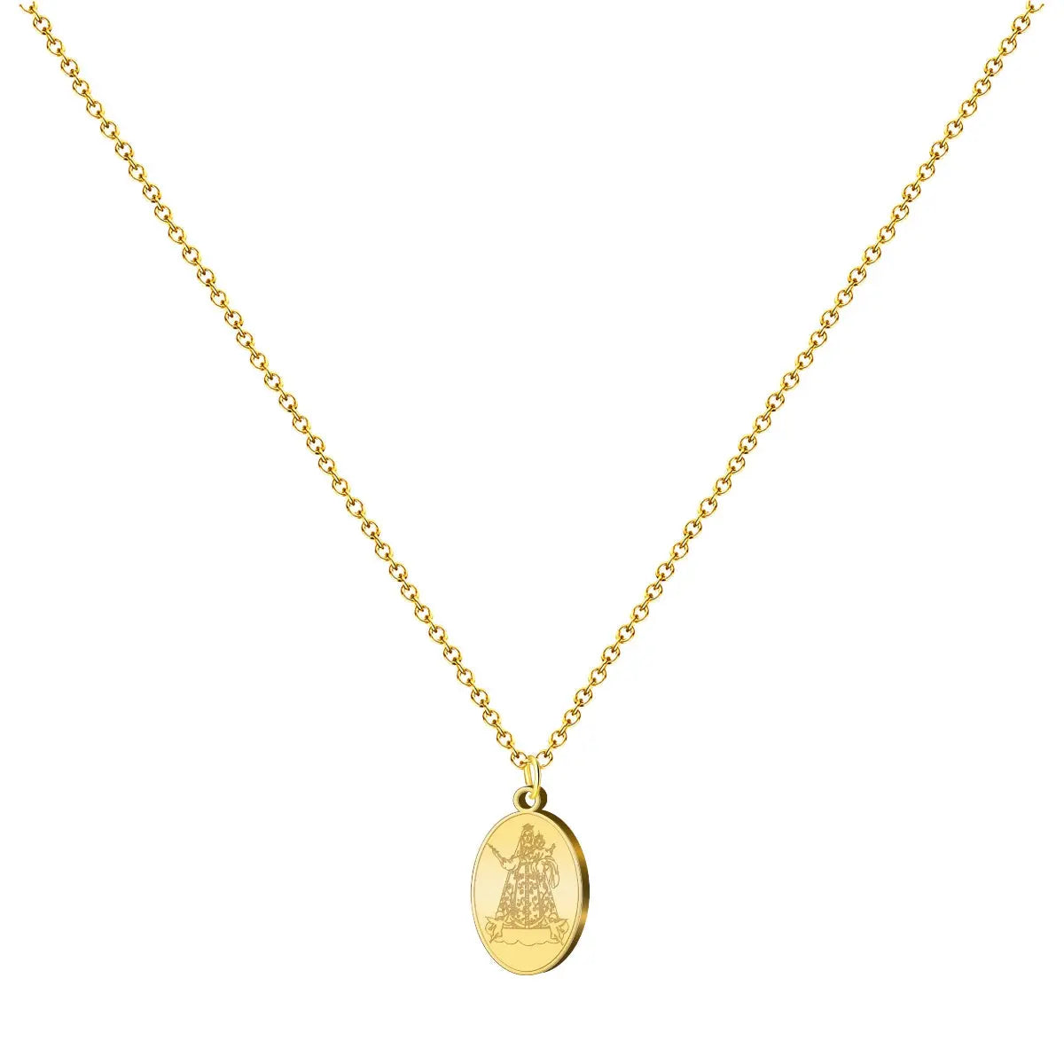 Collar con medalla ovalada de la Virgen de Begoña (Amatxu) en acero dorado, tarjeta con frase inspiradora sobre la fortaleza y superación