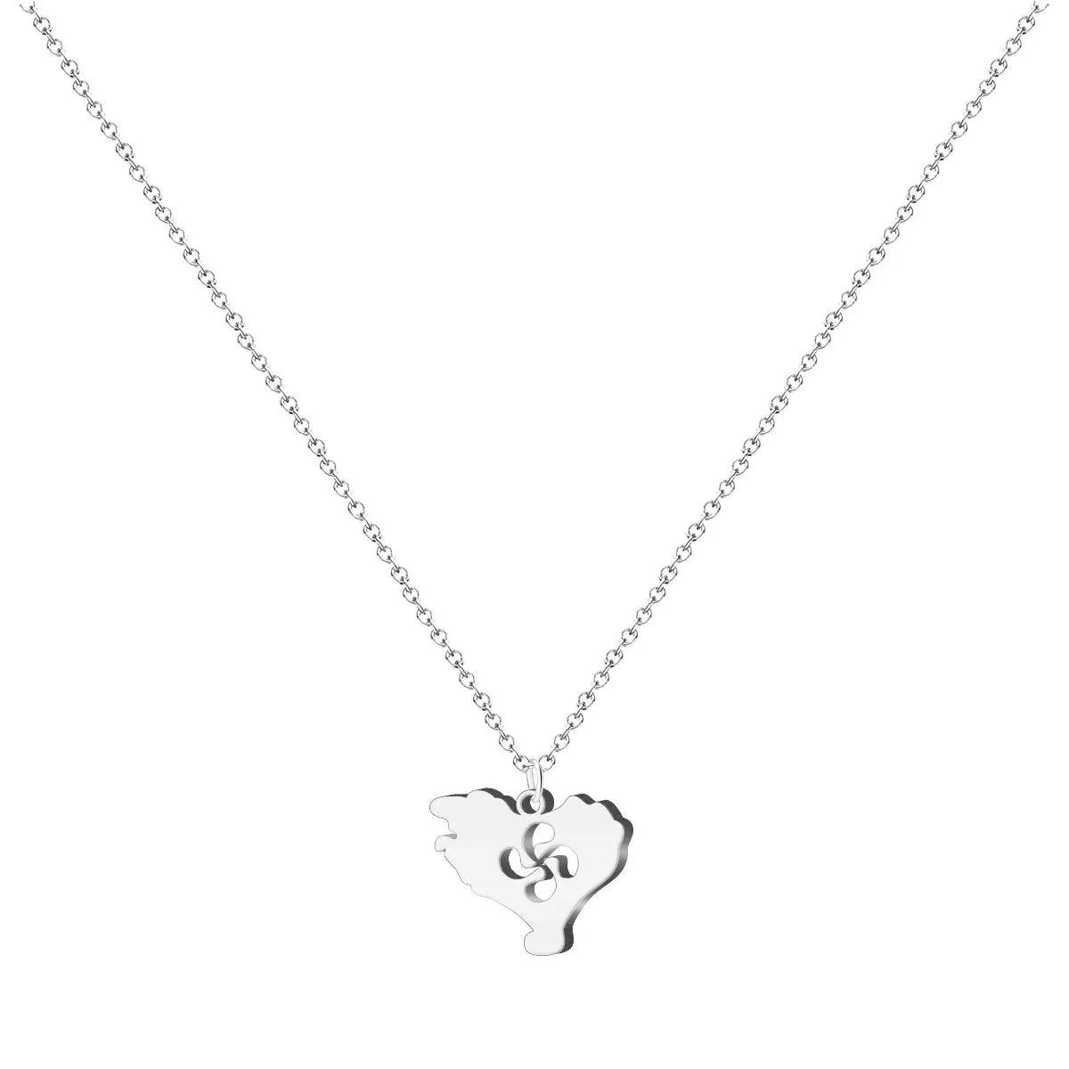 Collar con colgante del mapa de Euskal Herria plateado con Lauburu calado, tarjeta con frase emotiva sobre el corazón y la palabra