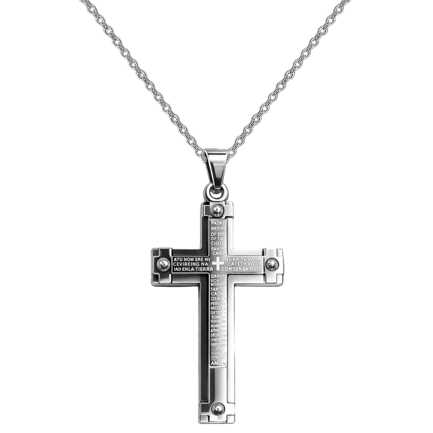 Collar con Cruz grabado con Sagrada Escritura en Acero