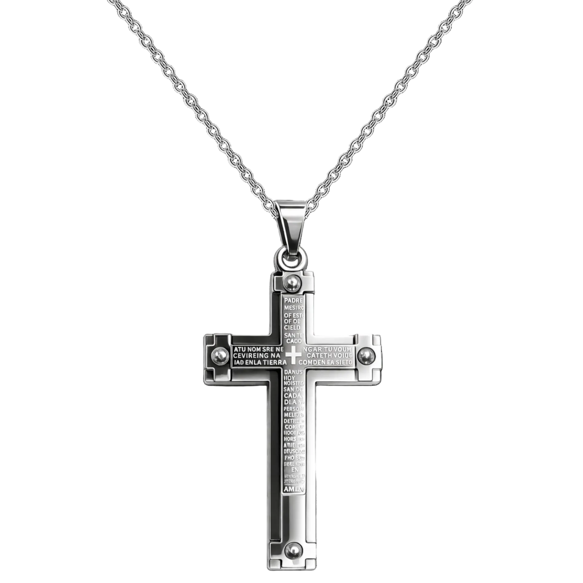 Collar con Cruz grabado con Sagrada Escritura en Acero cotigo