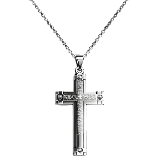 Collar con Cruz grabado con Sagrada Escritura en Acero