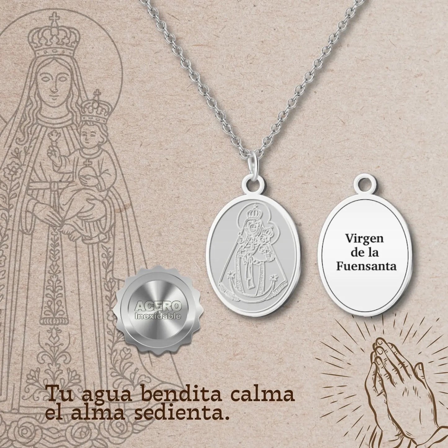 Colgante Medalla Virgen de la Fuensanta Acero Plateado - cotigo