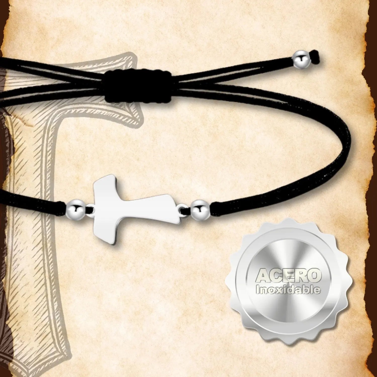 Pulsera Hilo Negro con Cruz Tau en Acero Plateado detalle