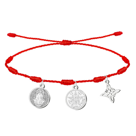 Pulsera 7 nudos con Nudo de Bruja y Tetragramatón, y San Benito Plateado Acero Inoxidable