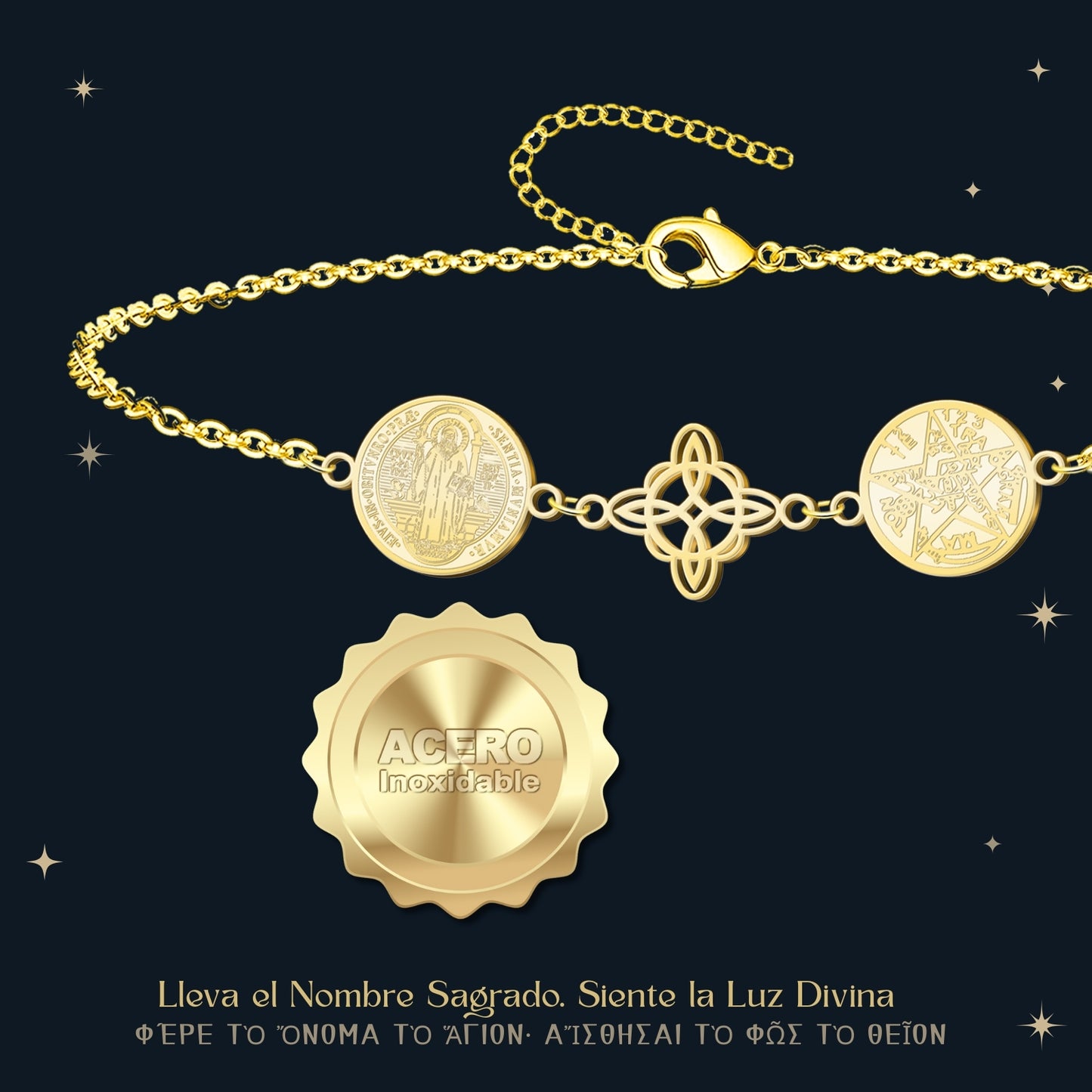 Pulsera Tetragrammaton con Nudo de Bruja y San Benito | Amuleto de Protección y Luz Divina en Acero Inoxidable