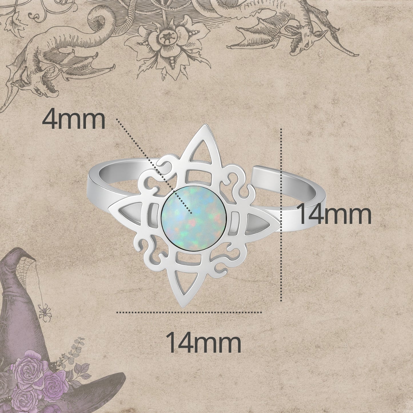 Anillo Nudo de Bruja Acero Plateado con Opalina