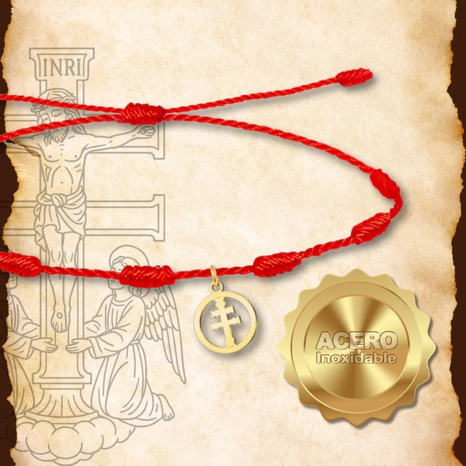 Pulsera Roja 7 Nudos con Medalla Cruz de Caravaca en Acero Dorado - cotigo