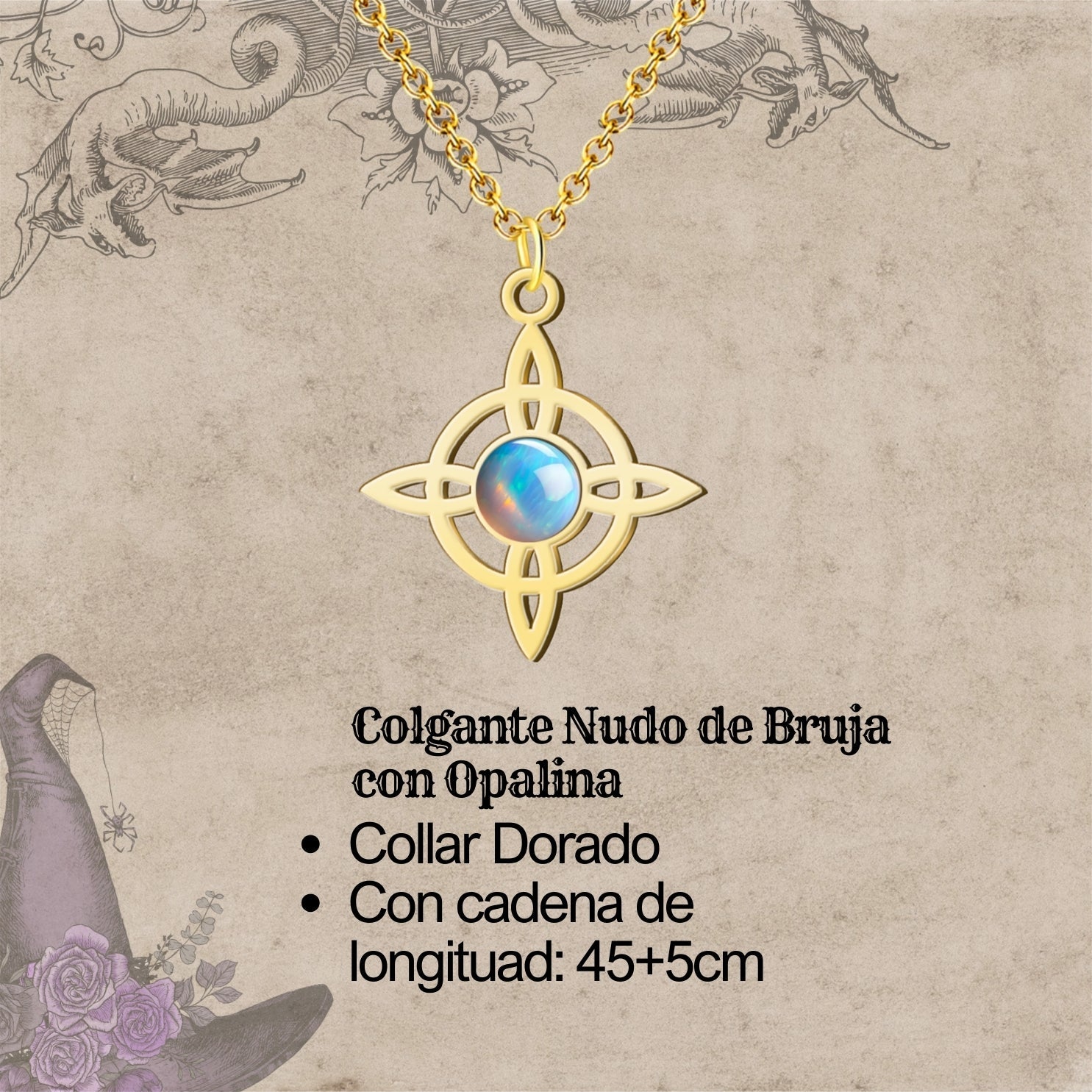 Colgante Nudo de Bruja con Opalina en Acero Dorado cotigo