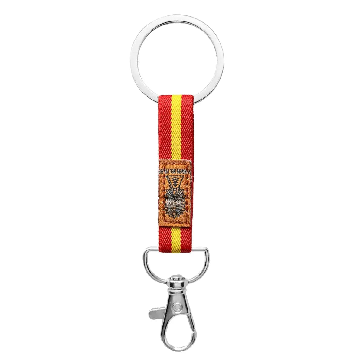 Llavero de cinta textil con el diseño completo de la bandera de España y parche bordado de la Virgen del Pilar. Incluye anilla y mosquetón metálico.