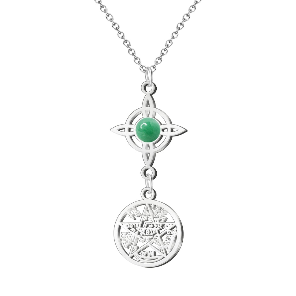 Colgante de acero plateado con Nudo de Bruja conteniendo una piedra Aventurina Verde natural y medalla del Tetragrammatón. Amuleto para atraer suerte, salud y abundancia.