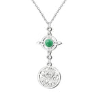 Colgante de acero plateado con Nudo de Bruja conteniendo una piedra Aventurina Verde natural y medalla del Tetragrammatón. Amuleto para atraer suerte, salud y abundancia.