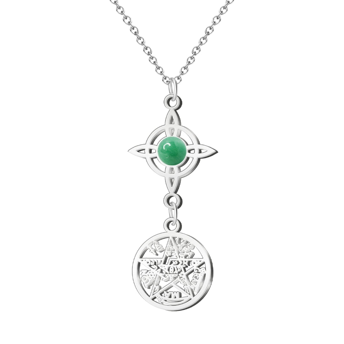 Colgante de acero plateado con Nudo de Bruja conteniendo una piedra Aventurina Verde natural y medalla del Tetragrammatón. Amuleto para atraer suerte, salud y abundancia.