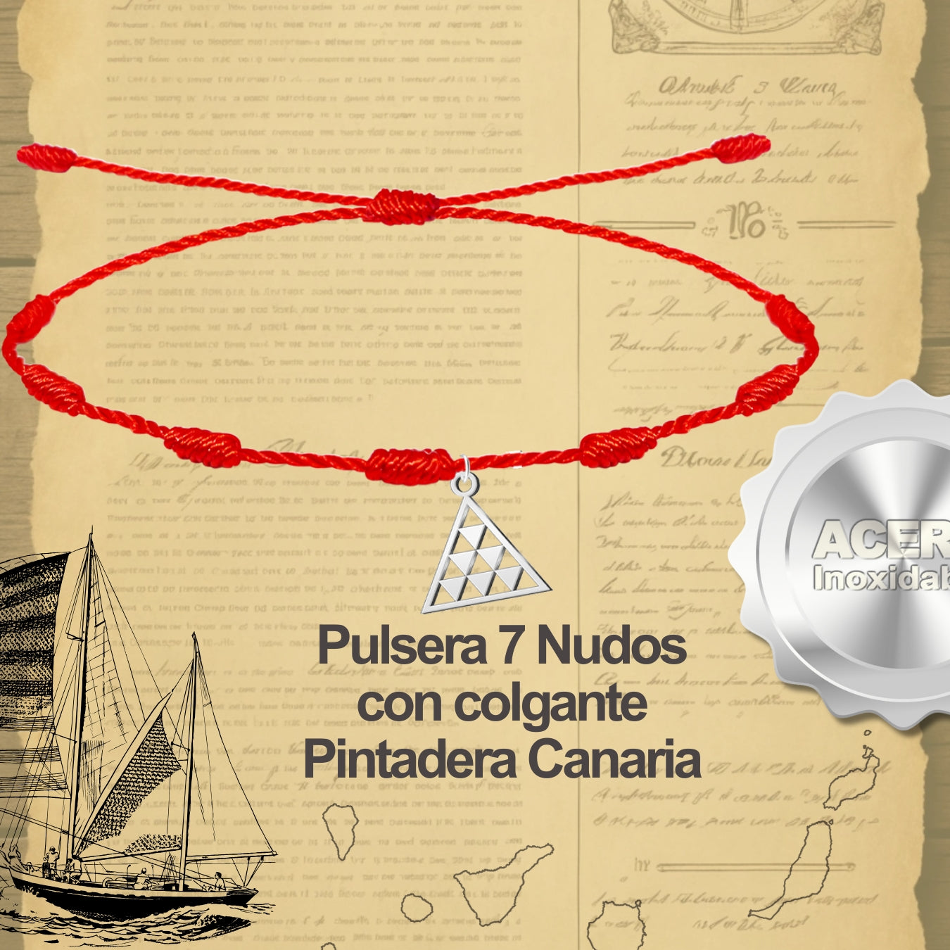 Pulsera 7 Nudos con  Pintadera Canarias Acero Plateado