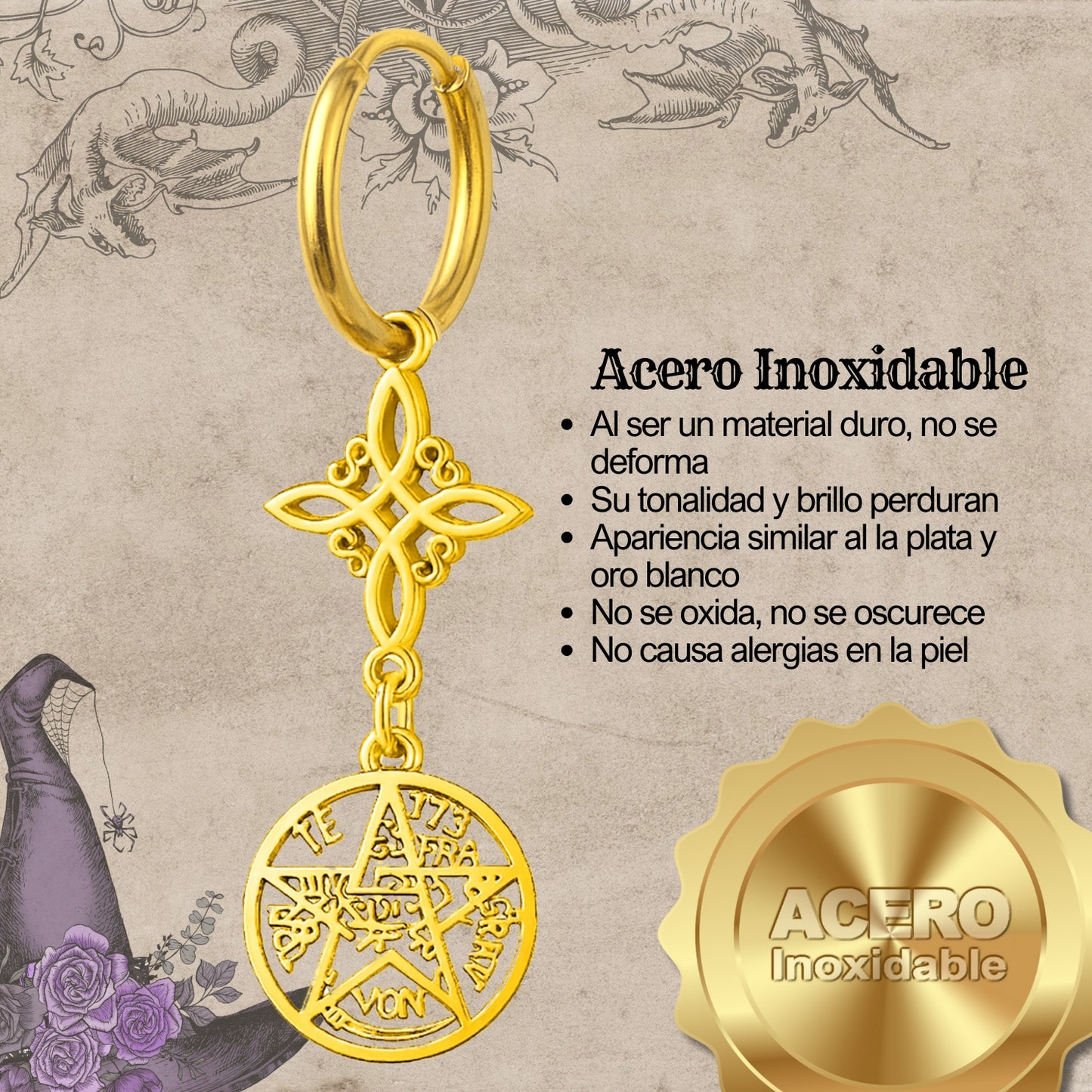 Pendientes Tetragramatón con Nudo de Bruja – Acero Inoxidable Dorado, Amuleto de Protección