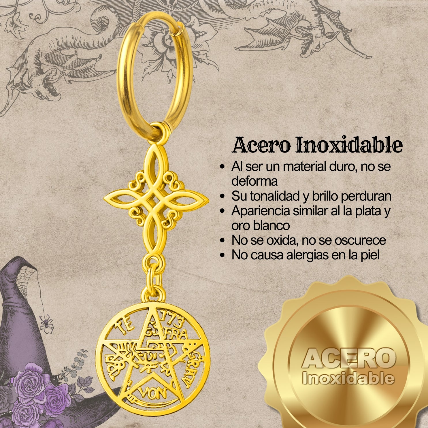 Pendientes Tetragrammaton y Nudo de Bruja Acero Inoxidable Dorado - cotigo