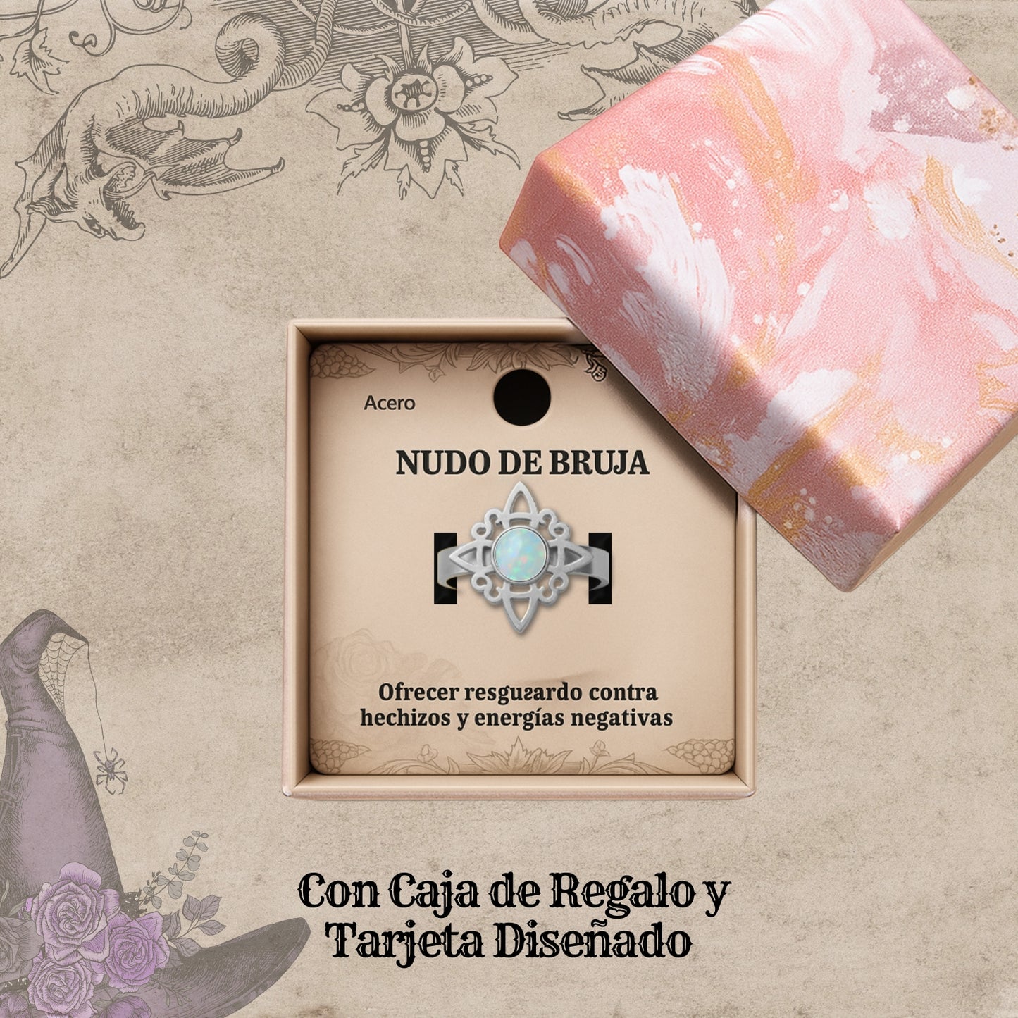 Anillo Nudo de Bruja Acero Plateado con Opalina