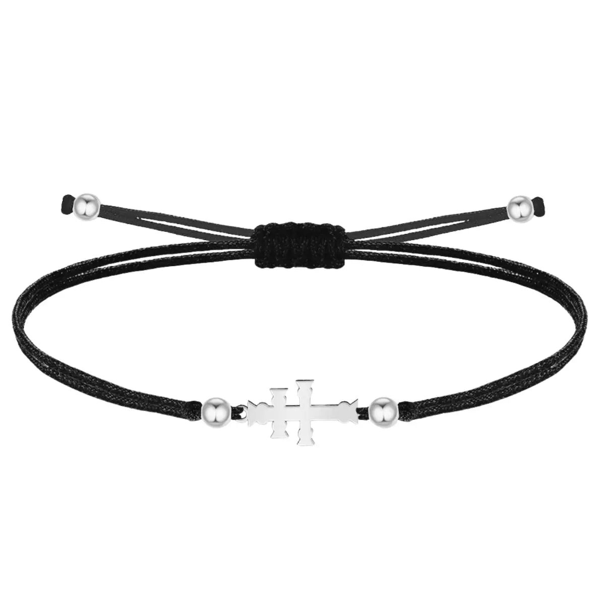 Pulsera de hilo negro encerado con la Cruz de Caravaca en acero inoxidable plateado, diseño horizontal con nudo corredizo y cuentas de acero