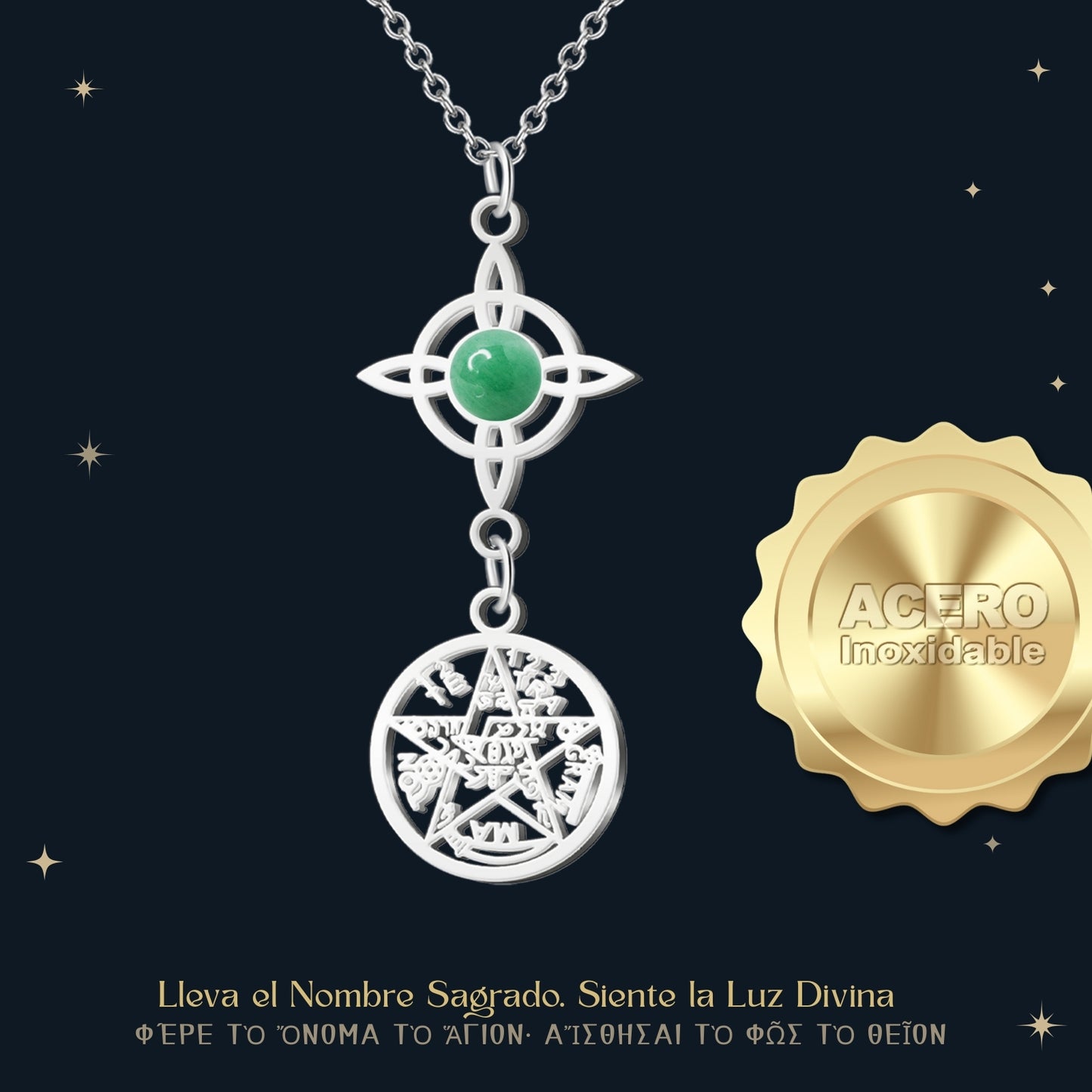Colgante Tetragrammatón con Nudo de Bruja y Aventurina Verde – Suerte, Bienestar y Prosperidad en Acero Inoxidable