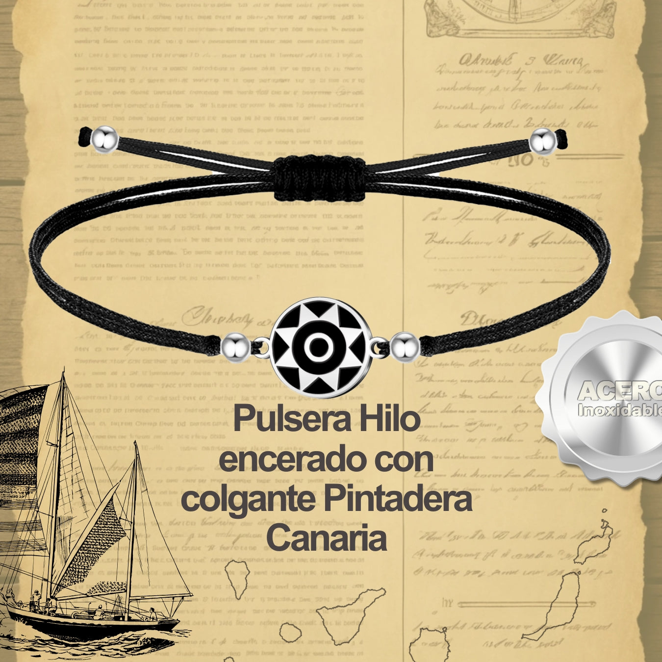 Pulsera Hilo Encerado con  Pintadera Canarias Acero Plateado