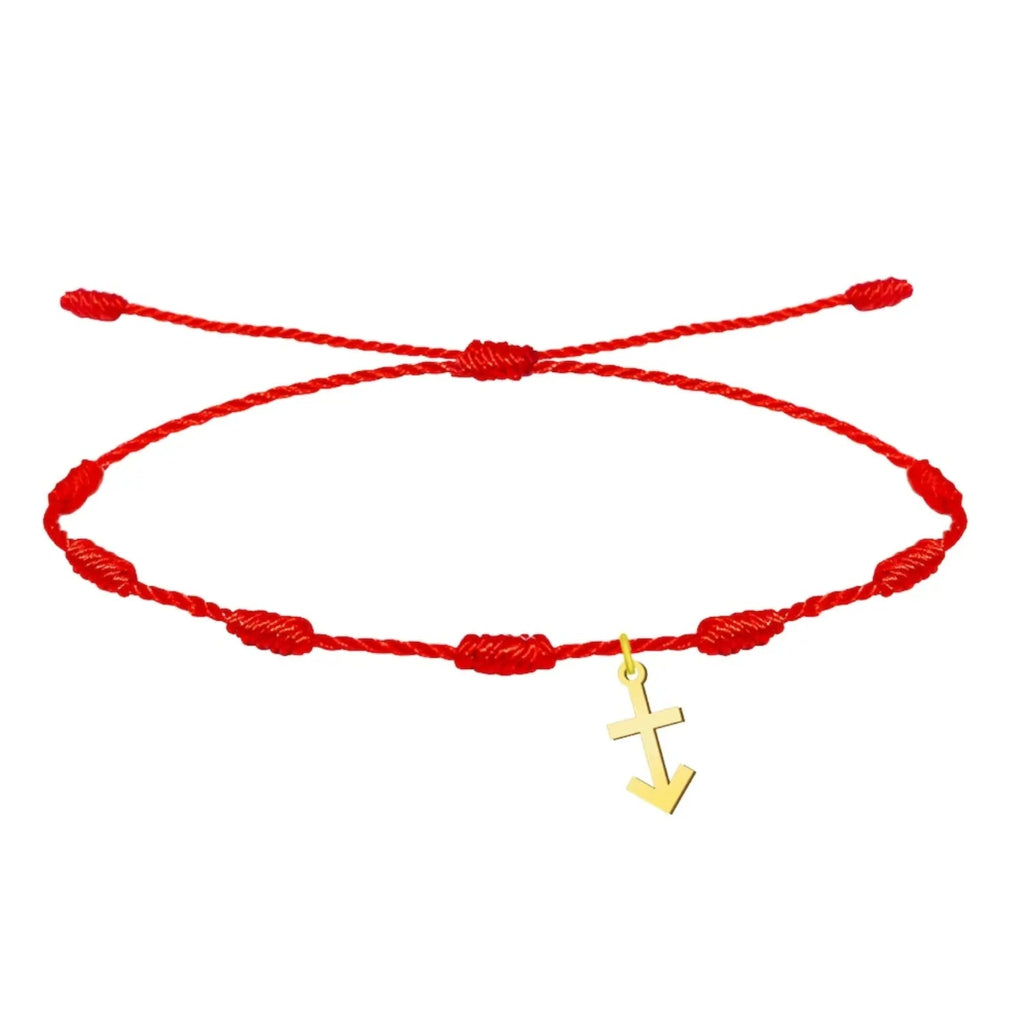 Pulsera de hilo rojo con 7 nudos de la suerte y dije de Cruz contra el Mal en acero dorado ajustable.
