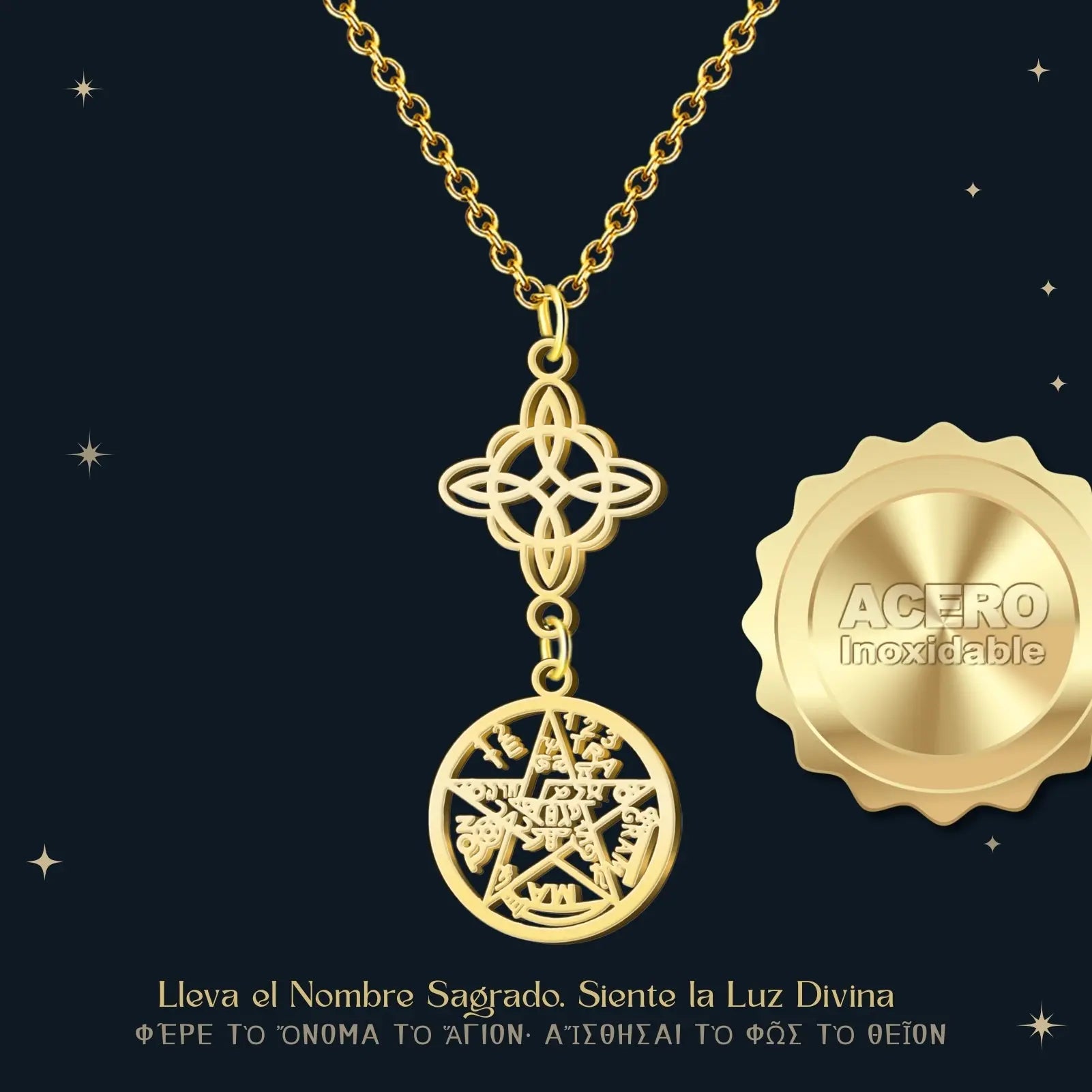 Colgante Calado en Acero Dorado con Nudo de Bruja y Tetragrammaton - cotigo