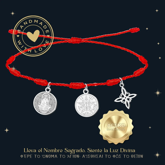 Pulsera 7 Nudos con Colgante Plateado: Tetragrammaton, Nudo de Bruja y San Benito - cotigo