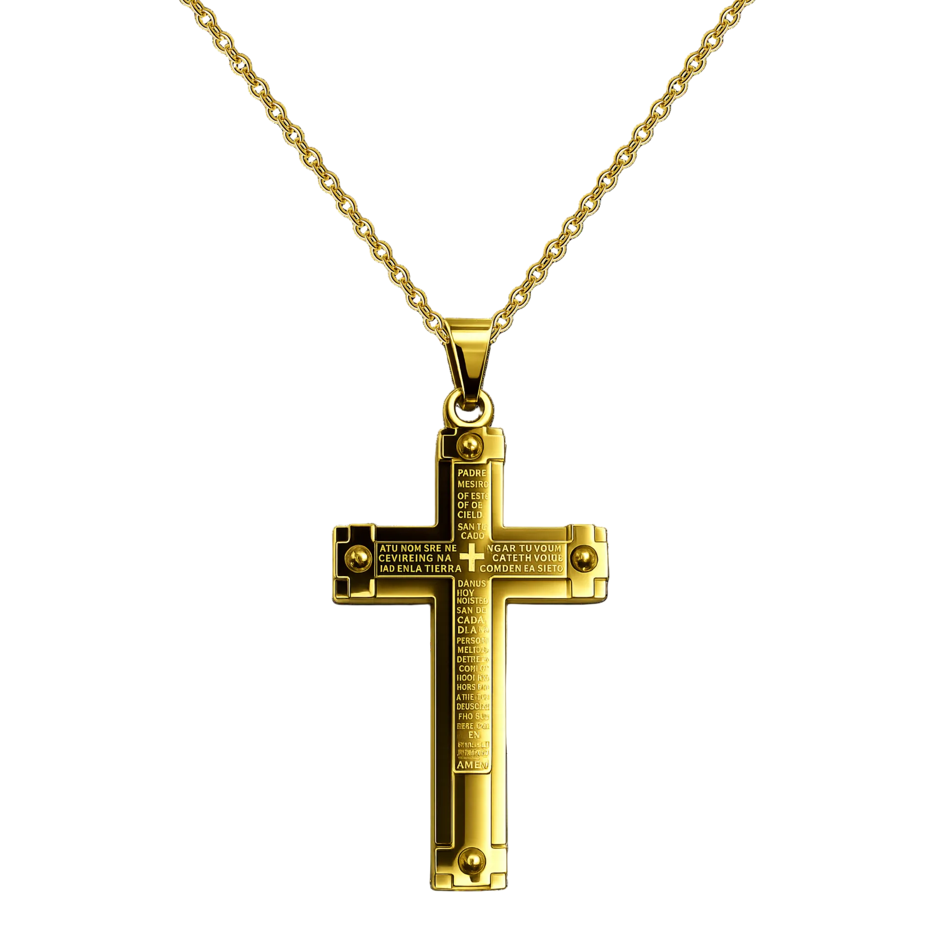 Collar con Cruz grabado con Sagrada Escritura en Acero Dorado cotigo