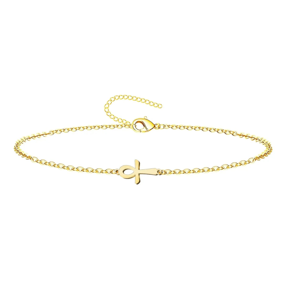 Pulsera de cadena fina con un diseño central de la Cruz Egipcia (Ankh) fabricada en acero inoxidable con acabado dorado brillante y cierre de mosquetón con cadena extensora.