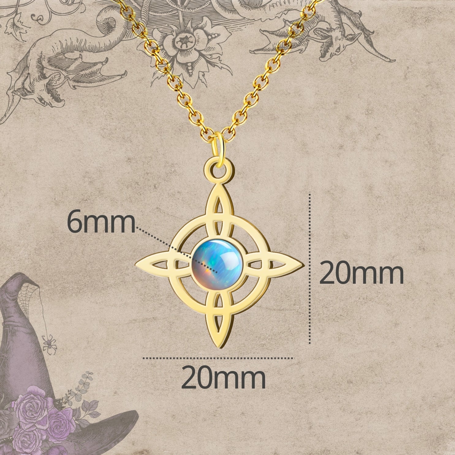 Colgante Nudo de Bruja con Opalina en Acero Dorado cotigo