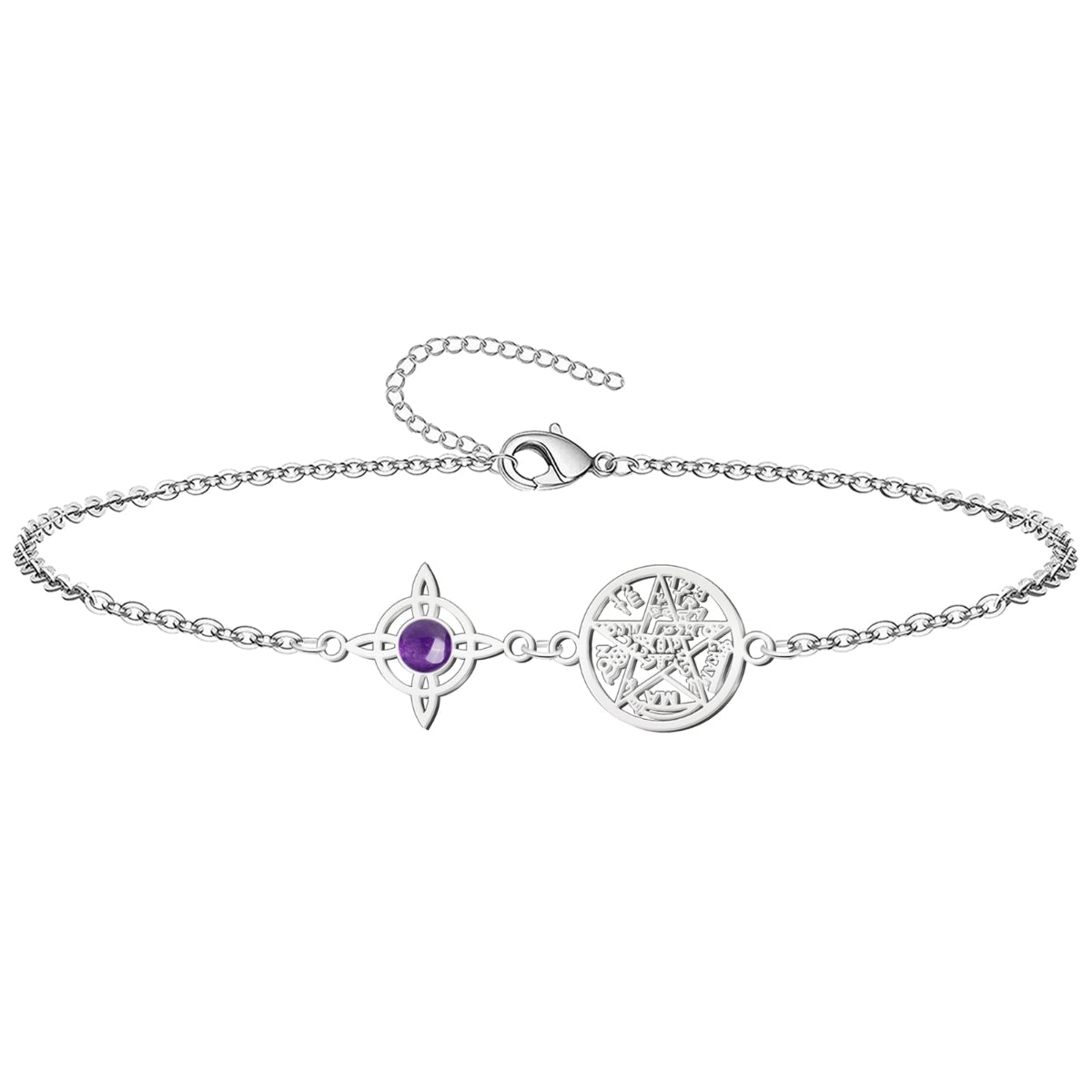 Pulsera de cadena en acero plateado que une un Nudo de Bruja con una piedra de amatista morada en el centro y un medallón del Tetragrammatón.
