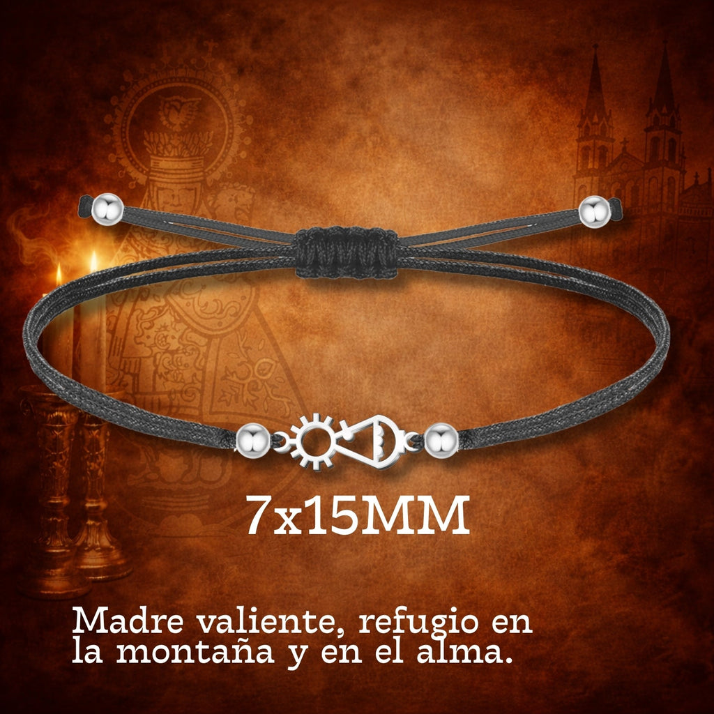 Pulsera Virgen de Covadonga con Hilo Negro en Acero Plateado cotigo