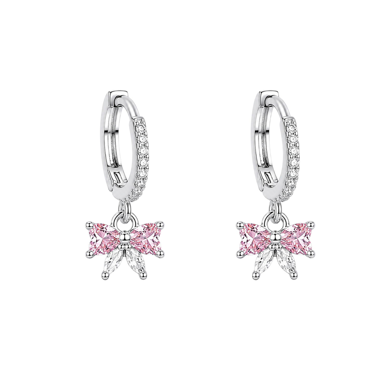 Pendientes de Aro Plateados con Lazo Rosa