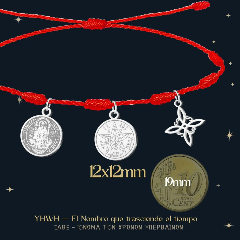 Pulsera 7 Nudos con Colgante Plateado: Tetragrammaton, Nudo de Bruja y San Benito - cotigo