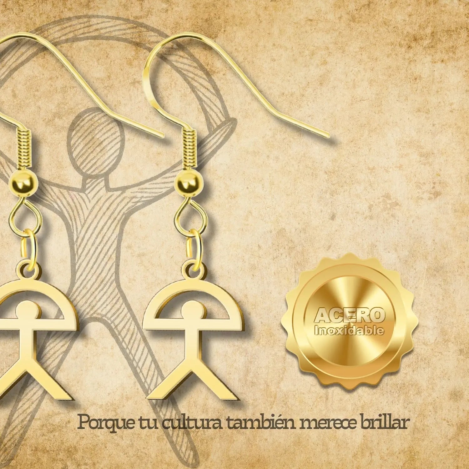 Pendientes con Símbolo Indalo en Acero Dorado acabado