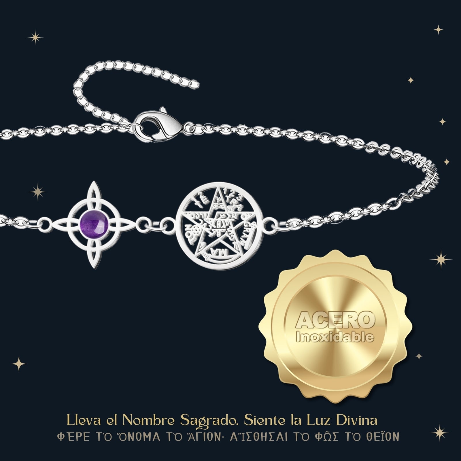 Pulsera Triple Protección: Nudo de Bruja, Tetragrámaton Y Amatista en Acero acabado
