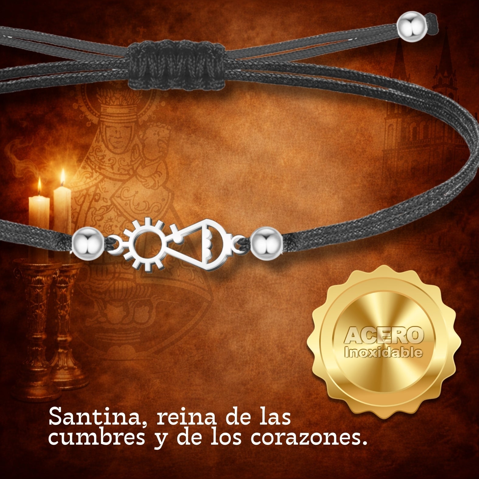Pulsera Virgen de Covadonga con Hilo Negro en Acero Plateado cotigo