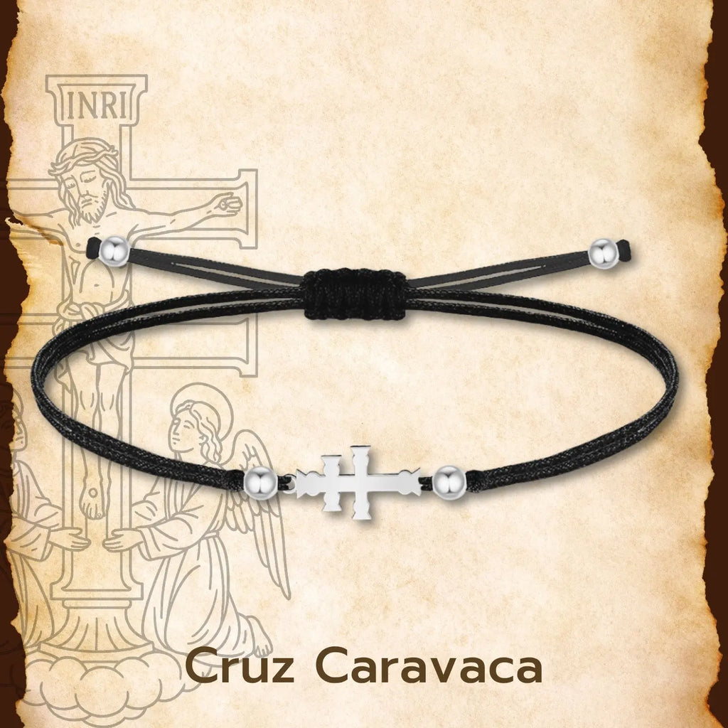 Pulsera Hilo Negro Cruz de Caravaca en Acero Plateado - cotigo