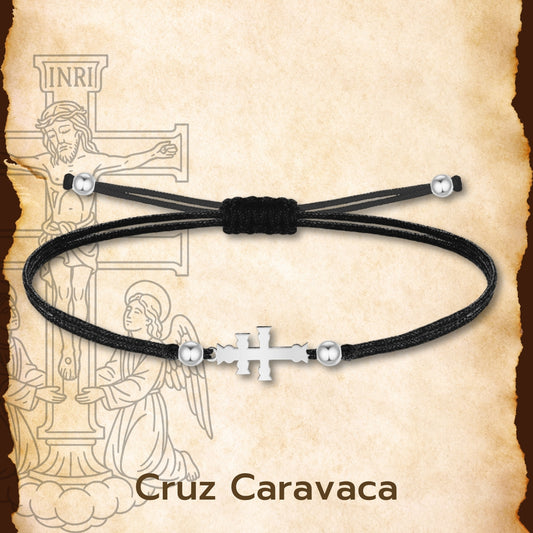 Pulsera Hilo encerado con Cruz Caravaca Acero Color Plateado