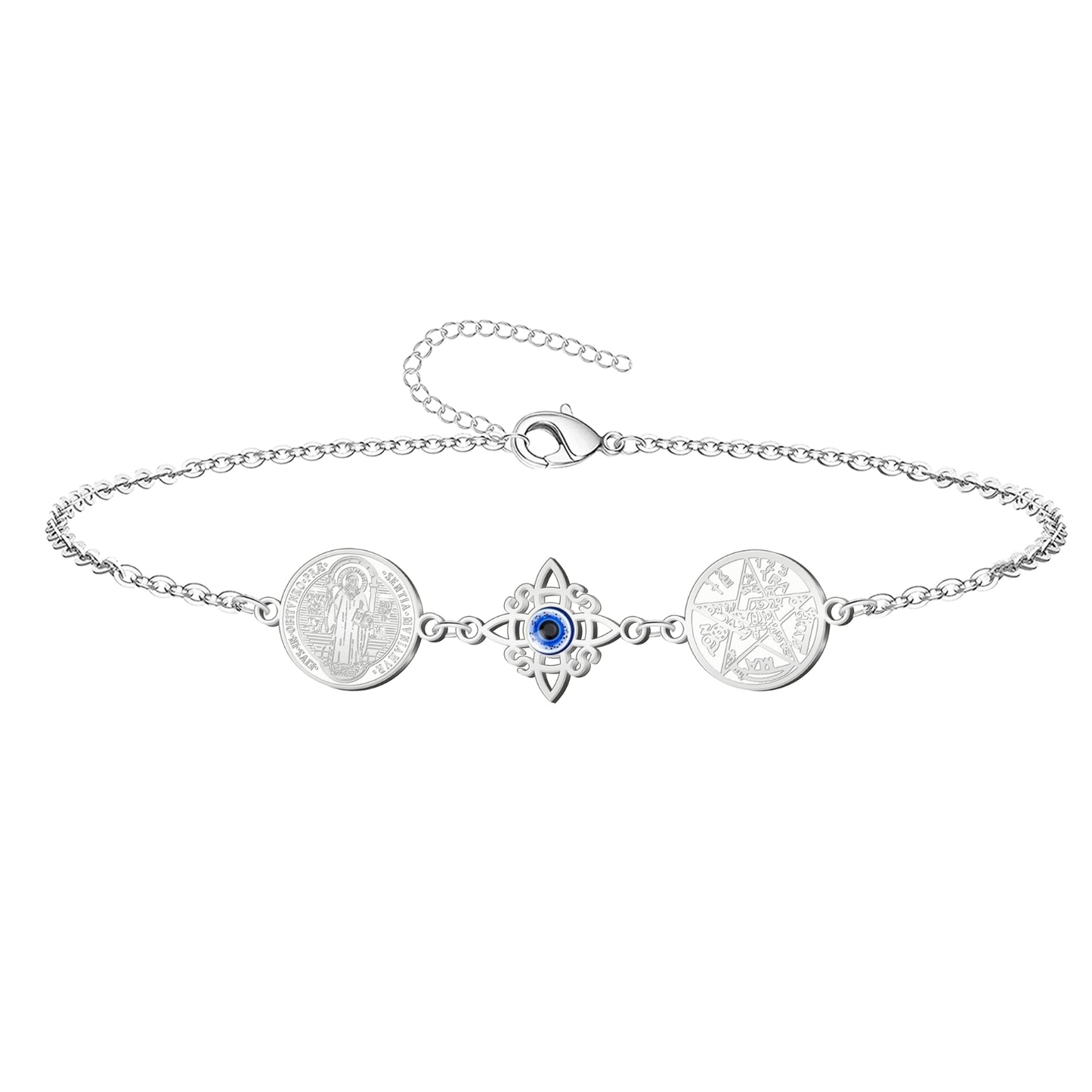 Pulsera Tetragrammaton con Nudo de Bruja y San Benito | Amuleto de Protección y Luz Divina en Acero Inoxidable