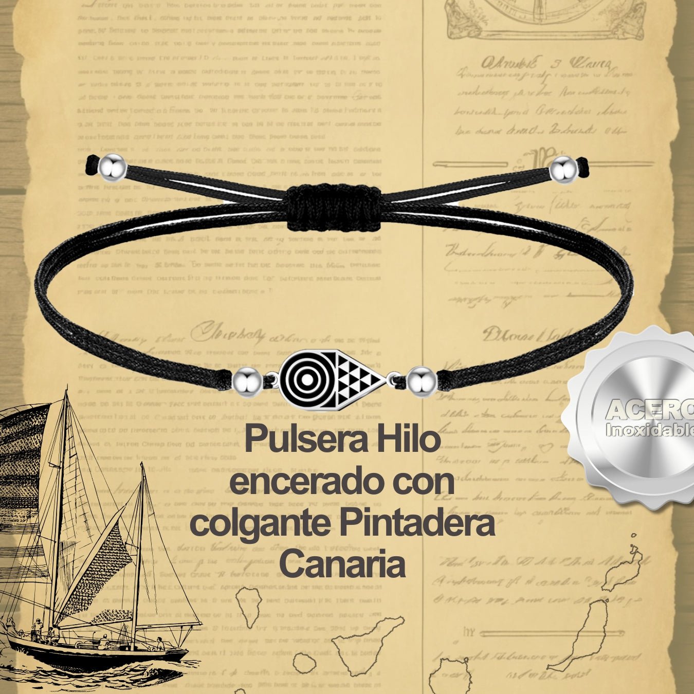 Pulsera Hilo Encerado con  Pintadera Canarias Acero Plateado
