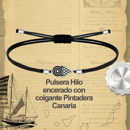 Pulsera Hilo Encerado con  Pintadera Canarias Acero Plateado