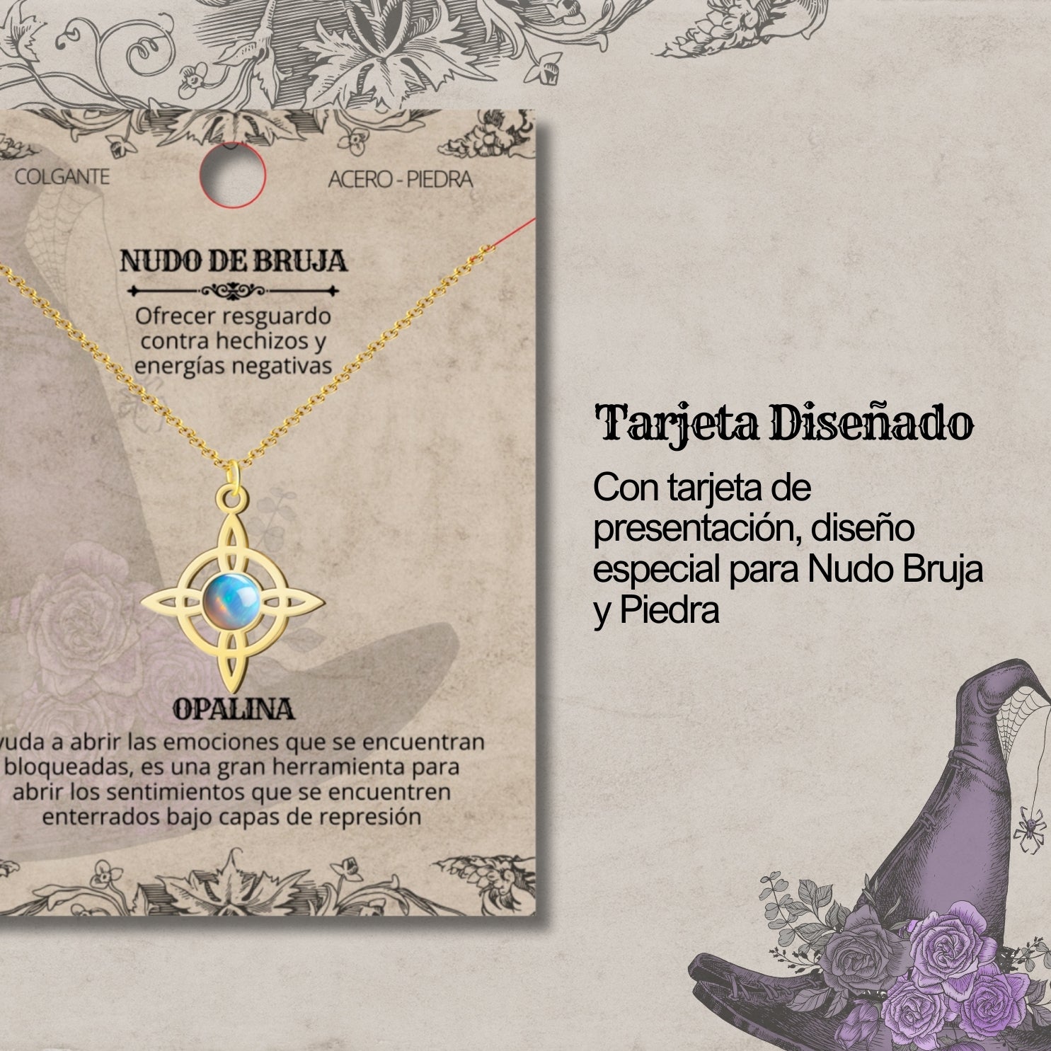 Colgante Nudo de Bruja con Opalina en Acero Dorado cotigo