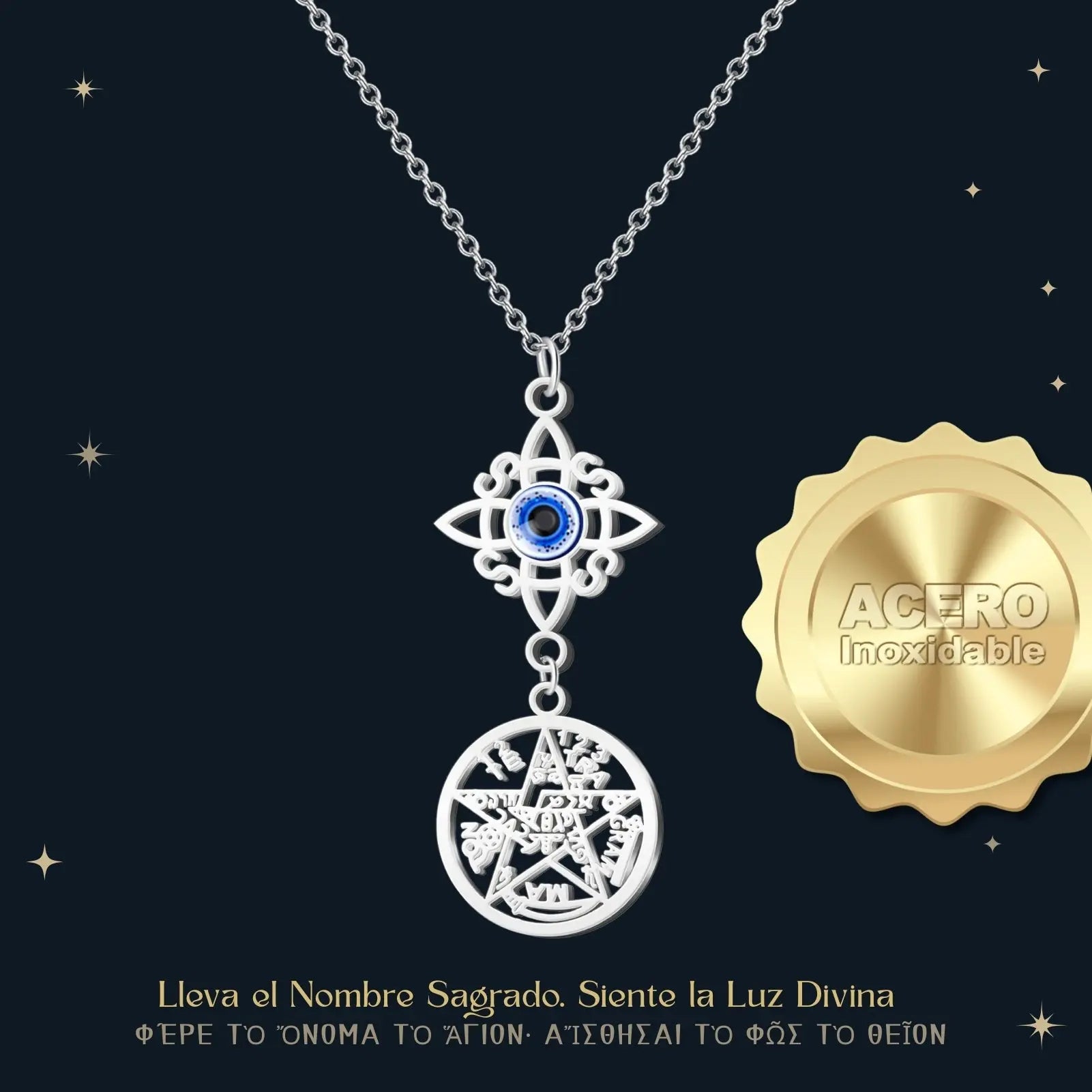 Colgante Tetragrammaton y Nudo de Bruja con Ojo Turco Acero Plateado - cotigo